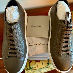 SANTONI Hammered Leather lowtop sneakers, Brn-Grn, NwoT, w/Bags, 9.5 US, RT$720